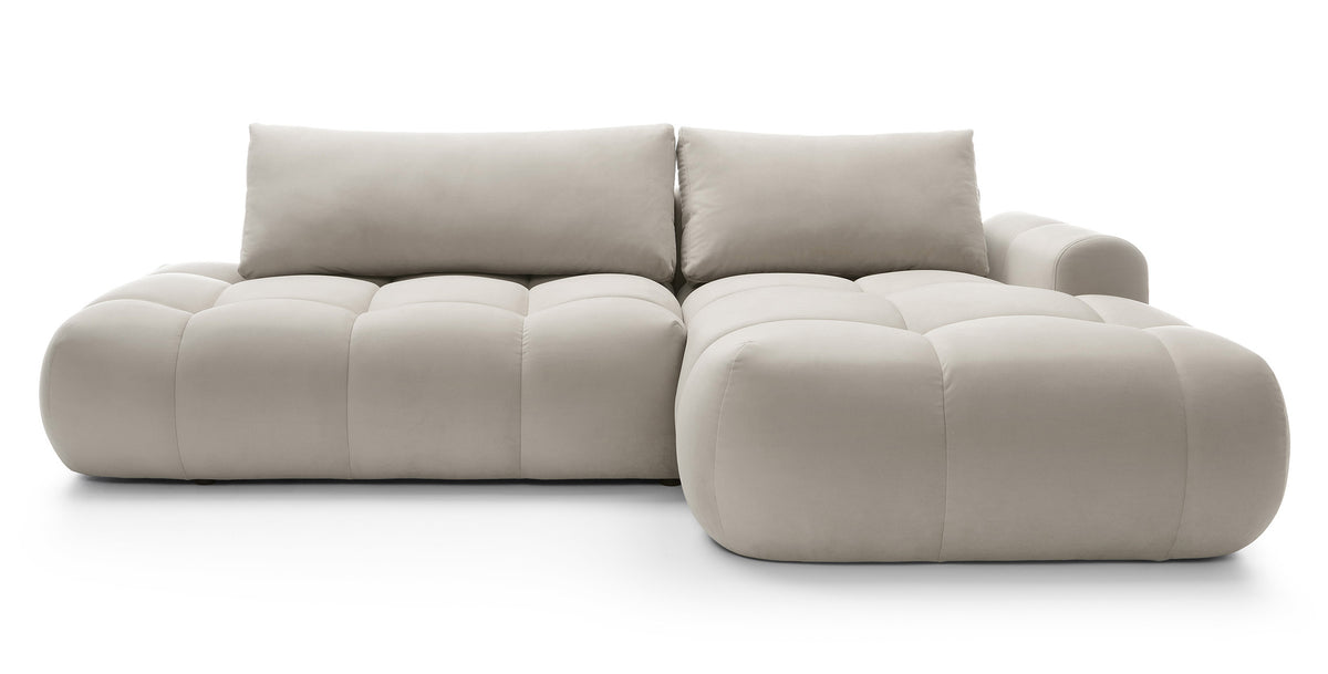 Canapé d'angle Ombo avec fonction couchage, coffre de rangement, velours hydrofuge gris-beige, modèle droit en L