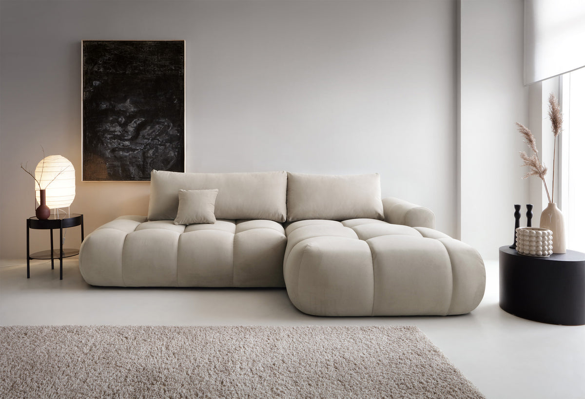 Canapé d'angle Ombo avec fonction couchage, coffre de rangement, velours hydrofuge gris-beige, modèle droit en L