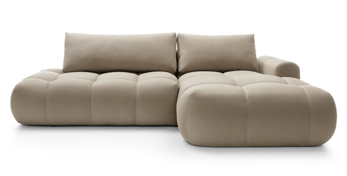 Canapé d'angle Ombo avec fonction couchage, rangement, velours hydrofuge beige, côté droit