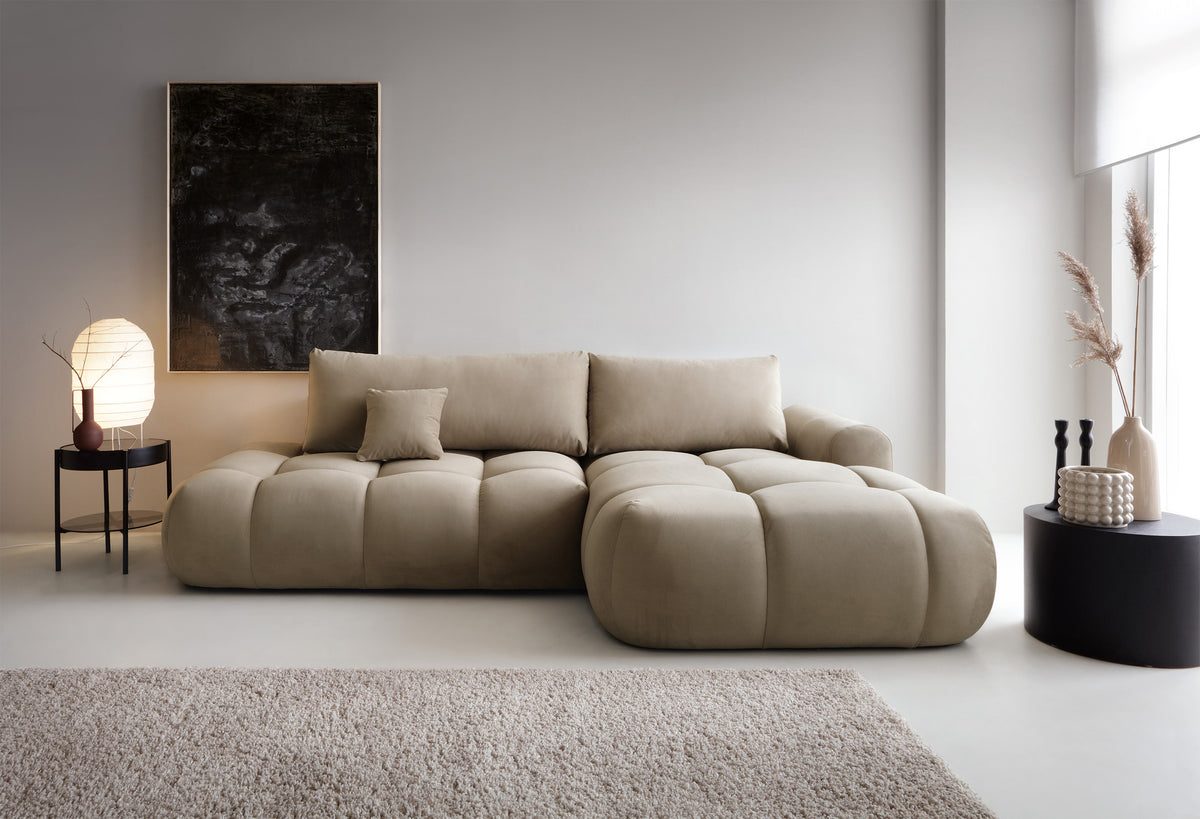 Canapé d'angle Ombo avec fonction couchage, rangement, velours hydrofuge beige, côté droit