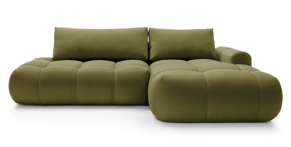 Canapé d'angle convertible Ombo en velours hydrofuge olive avec coffre, version droite