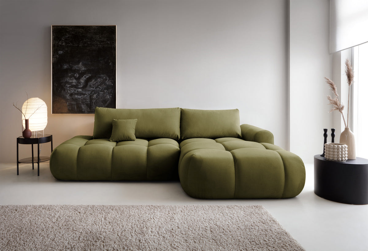 Canapé d'angle convertible Ombo en velours hydrofuge olive avec coffre, version droite
