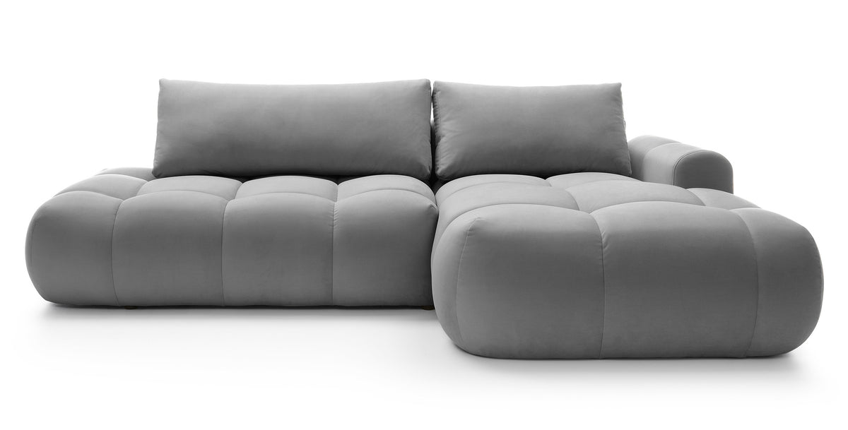 Canapé d'angle Ombo L avec fonction couchage, rangement, velours hydrofuge gris, côté droit