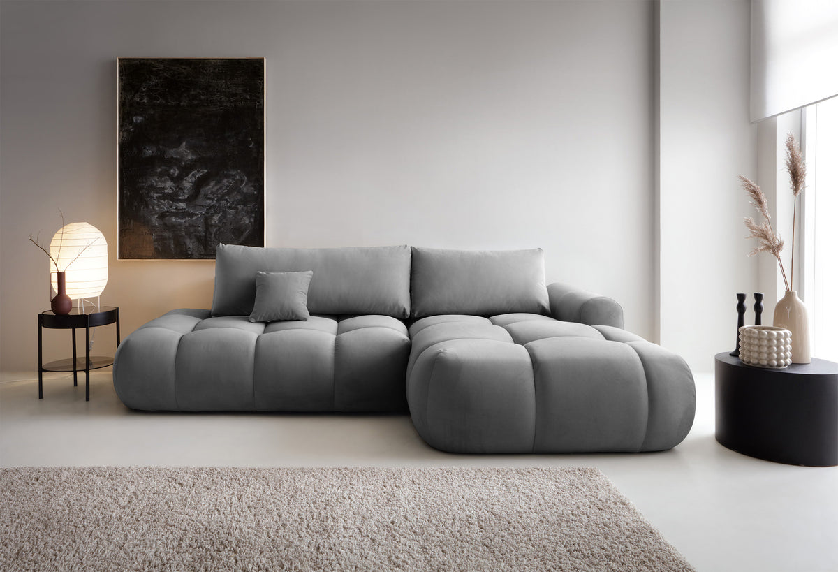 Canapé d'angle Ombo L avec fonction couchage, rangement, velours hydrofuge gris, côté droit