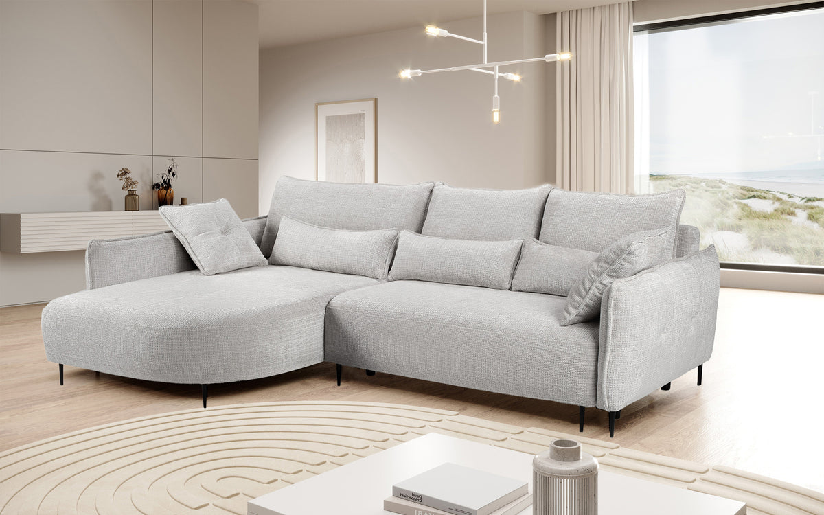 Canapé d'angle Oblivio avec fonction couchage en L, rangement, tissu chenille gris clair, configuration gauche