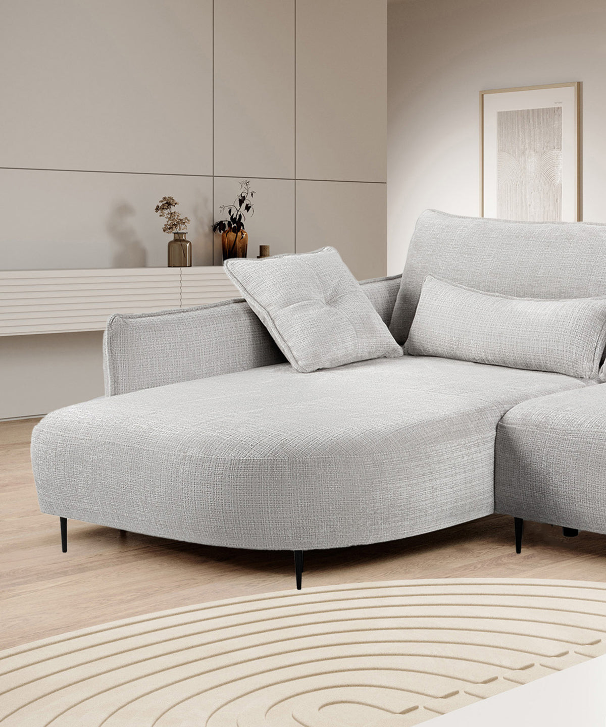 Canapé d'angle Oblivio avec fonction couchage en L, rangement, tissu chenille gris clair, configuration gauche