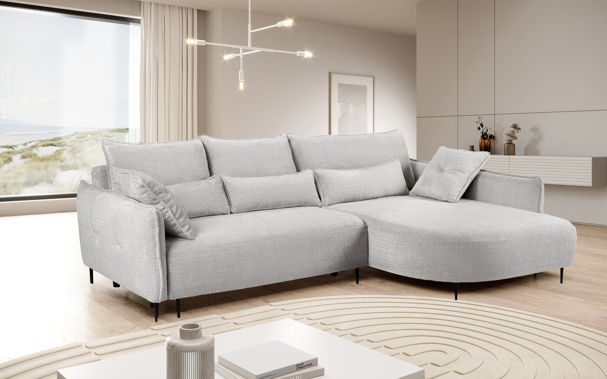 Canapé d’angle Oblivio avec fonction couchage, forme en L, avec rangement, tissu chenille gris clair, côté droit