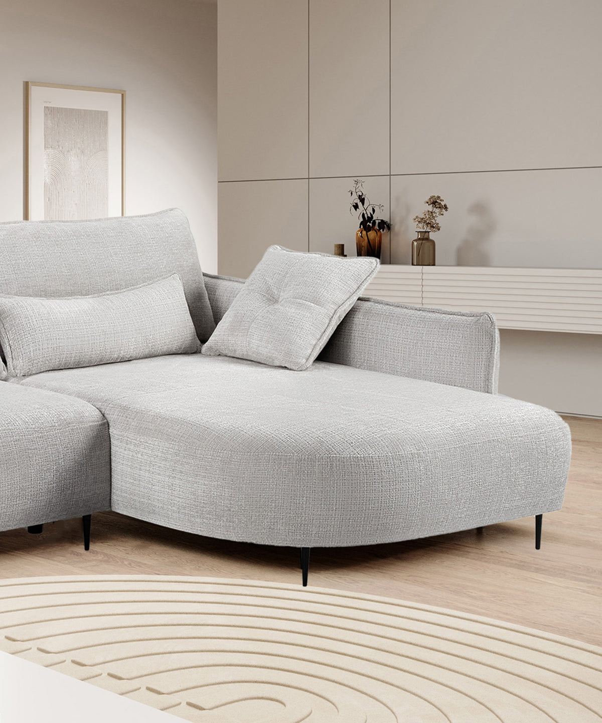Canapé d’angle Oblivio avec fonction couchage, forme en L, avec rangement, tissu chenille gris clair, côté droit