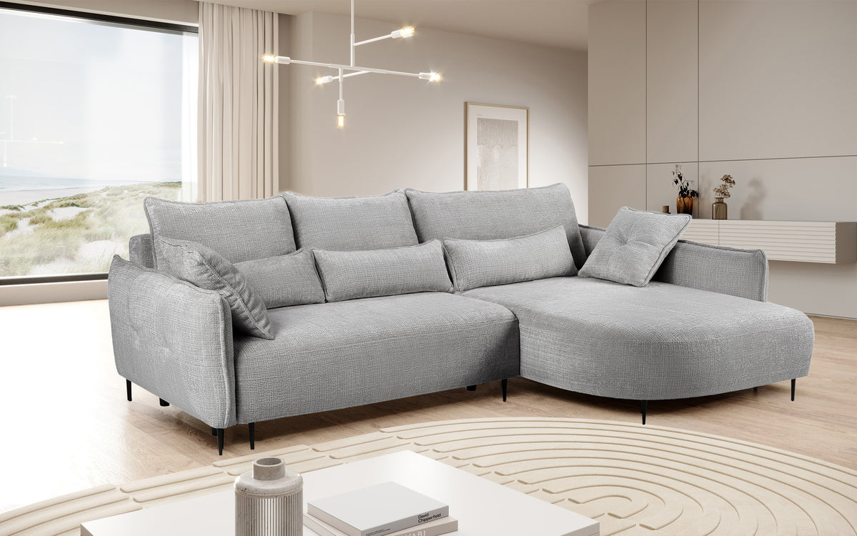 Canapé d'angle Oblivio gris en tissu chenille avec fonction couchage et coffre de rangement, version droite