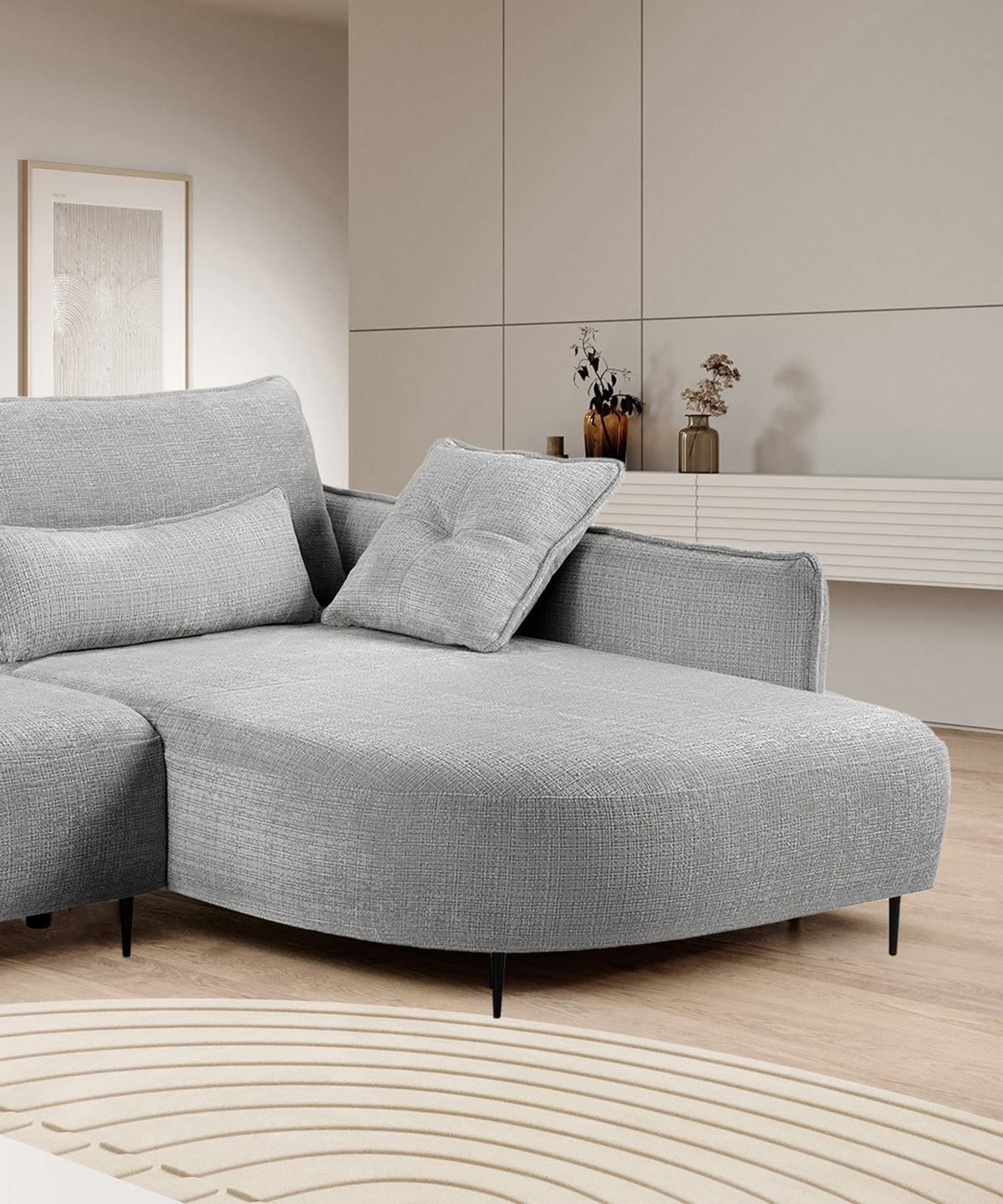 Canapé d'angle Oblivio gris en tissu chenille avec fonction couchage et coffre de rangement, version droite