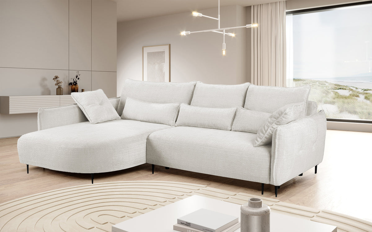 Canapé d'angle Oblivio avec fonction couchage, forme en L, avec coffre de rangement, tissu chenille crème, version gauche