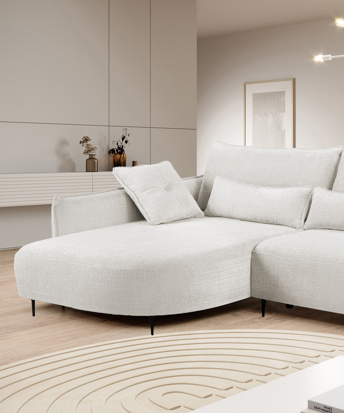 Canapé d'angle Oblivio avec fonction couchage, forme en L, avec coffre de rangement, tissu chenille crème, version gauche