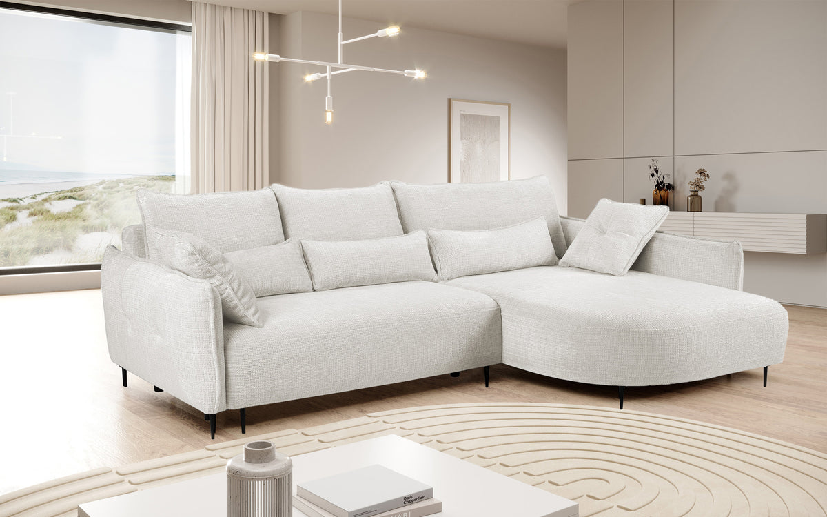 Canapé d'angle Oblivio avec fonction couchage, forme en L, avec rangement, en chenille crème, côté droit