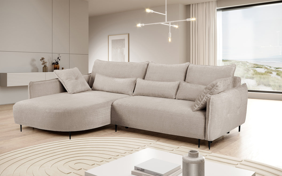 Canapé d'angle Oblivio avec fonction couchage, forme en L, rangement, tissu chenille beige clair, côté gauche