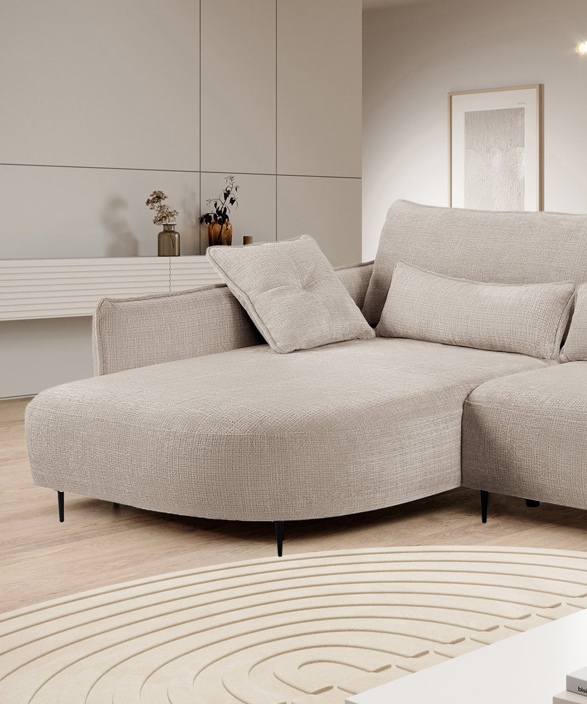 Canapé d'angle Oblivio avec fonction couchage, forme en L, rangement, tissu chenille beige clair, côté gauche