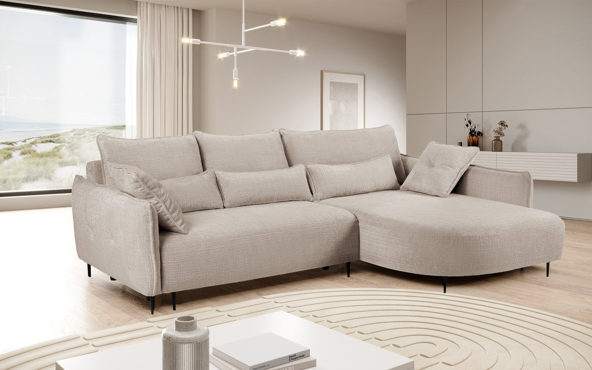 Canapé d'angle Oblivio avec fonction couchage, forme en L, rangement, tissu chenille beige clair, côté droit