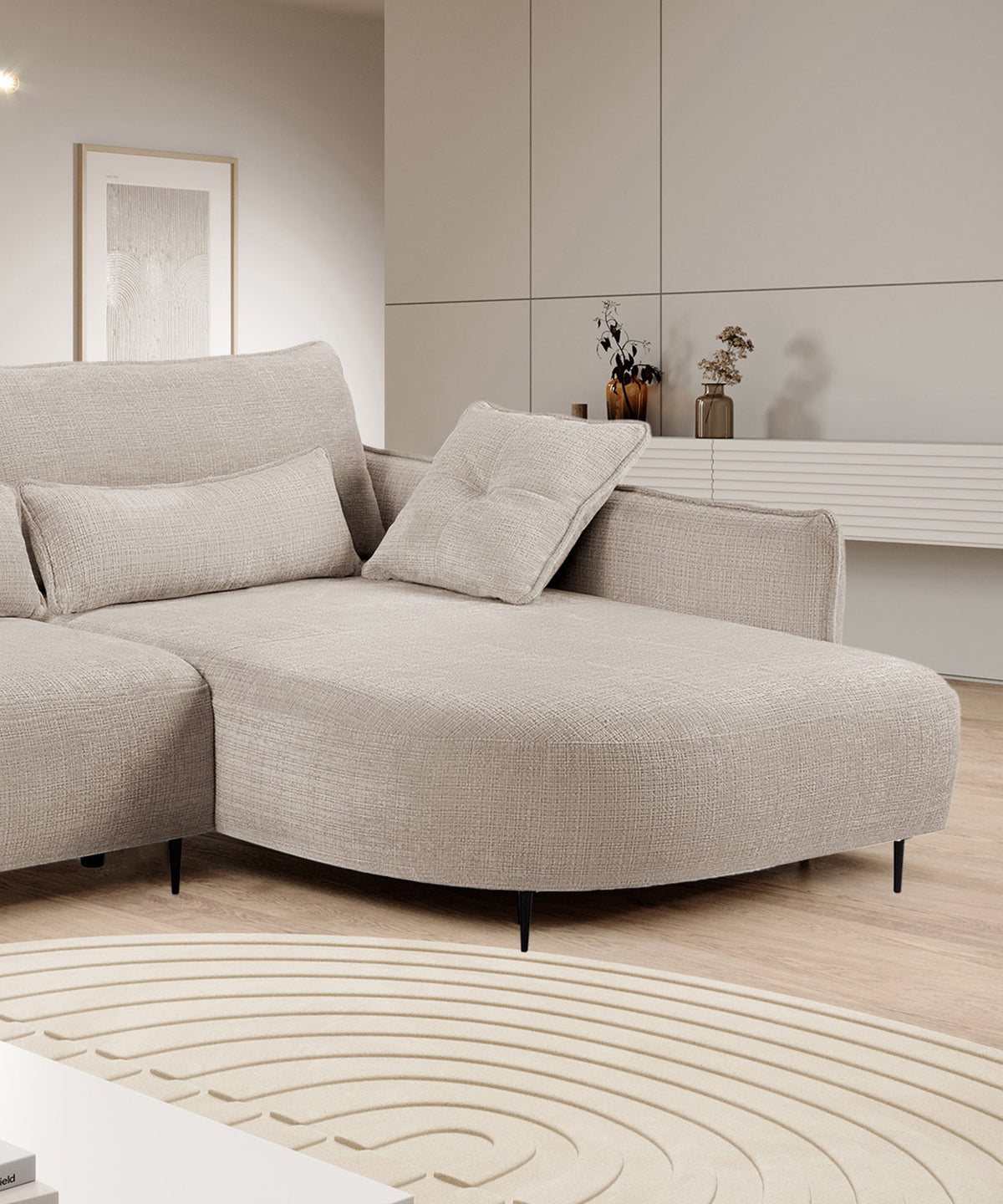 Canapé d'angle Oblivio avec fonction couchage, forme en L, rangement, tissu chenille beige clair, côté droit