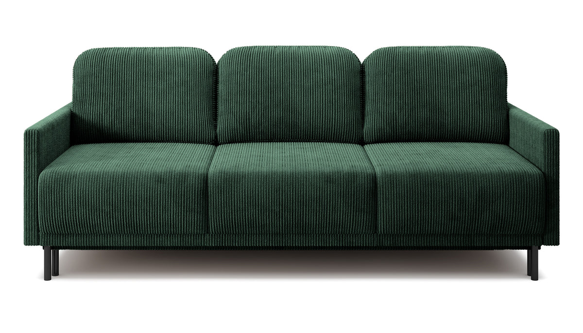 Dreisitziges ausklappbares Sofa Hamiel mit Stauraum, dunkelgrüner Cord