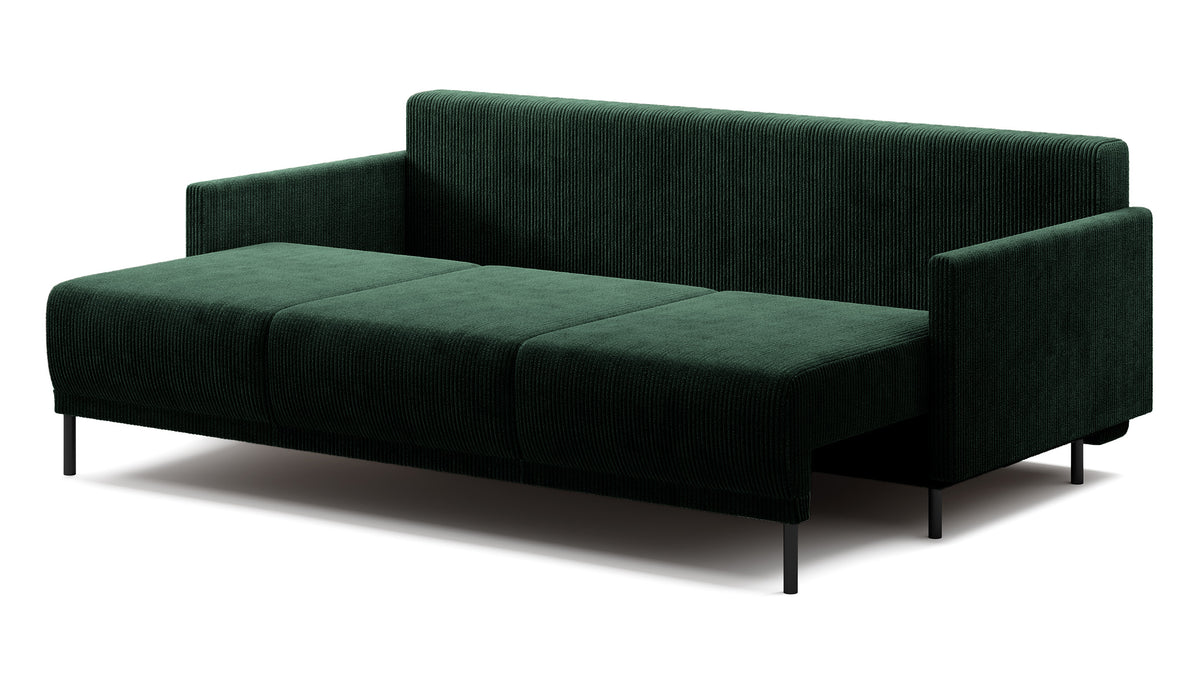 Dreisitziges ausklappbares Sofa Hamiel mit Stauraum, dunkelgrüner Cord