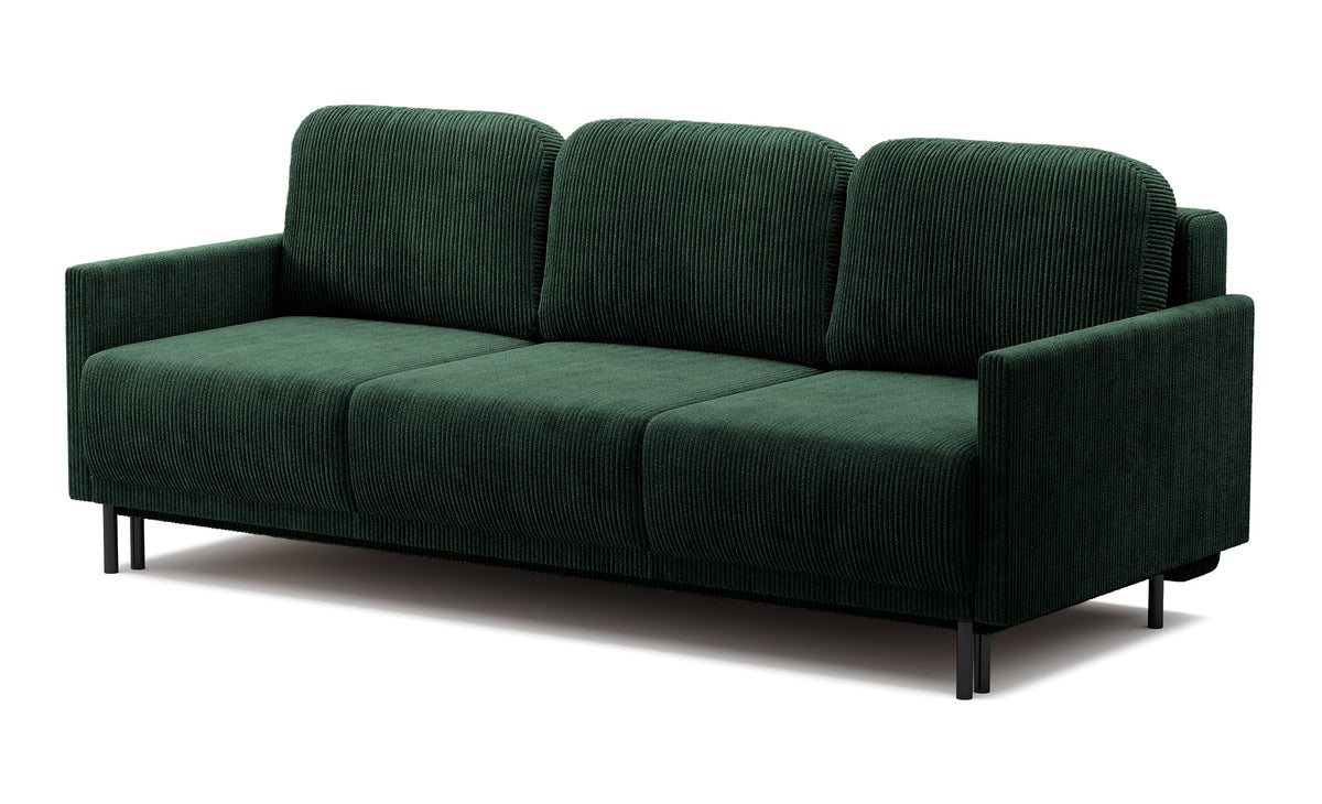 Dreisitziges ausklappbares Sofa Hamiel mit Stauraum, dunkelgrüner Cord