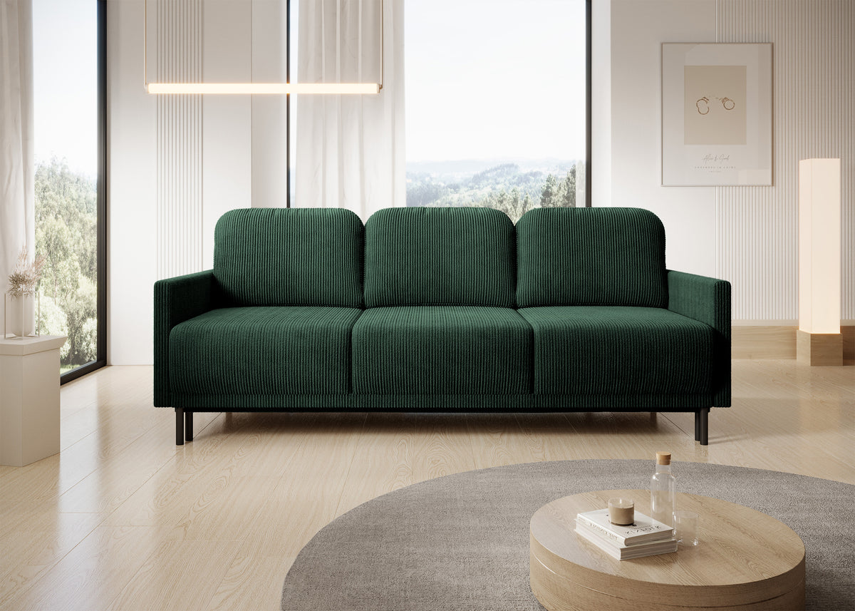 Dreisitziges ausklappbares Sofa Hamiel mit Stauraum, dunkelgrüner Cord