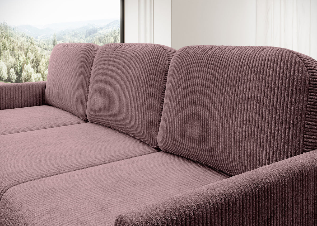 Canapé d'angle convertible Hamiel en L avec rangement, universel, velours côtelé lilas