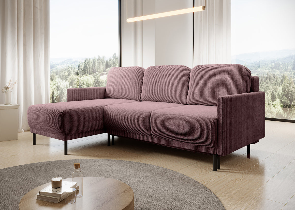 Canapé d'angle convertible Hamiel en L avec rangement, universel, velours côtelé lilas