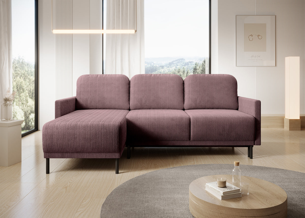 Canapé d'angle convertible Hamiel en L avec rangement, universel, velours côtelé lilas