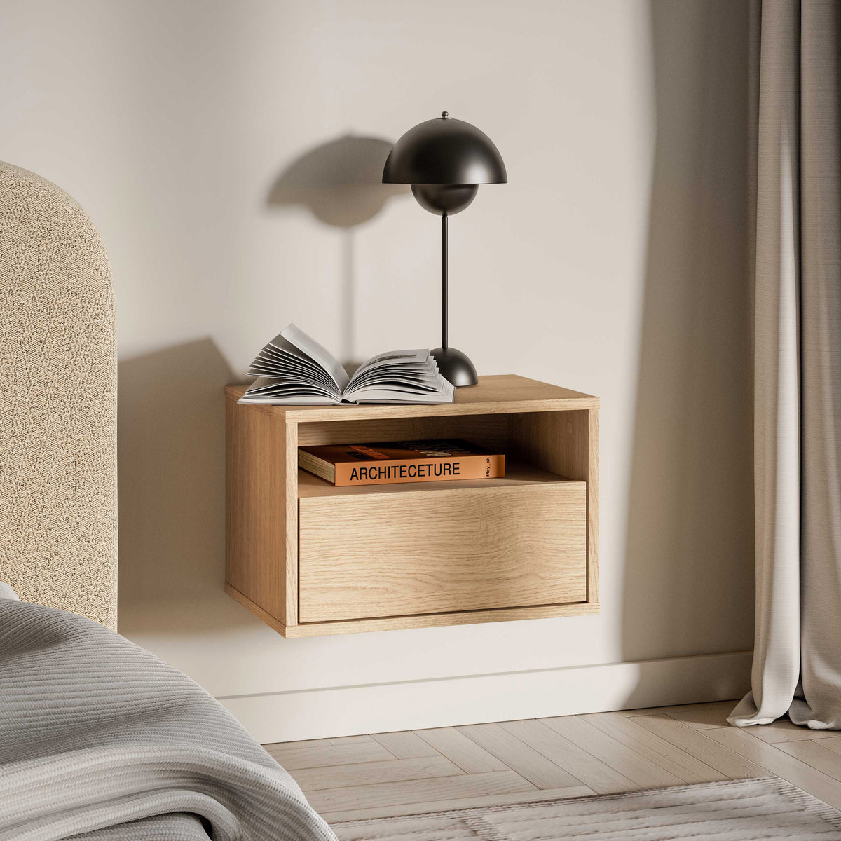 Table de chevet Heggers suspendue avec tiroir et niche 45 cm chêne mavelie
