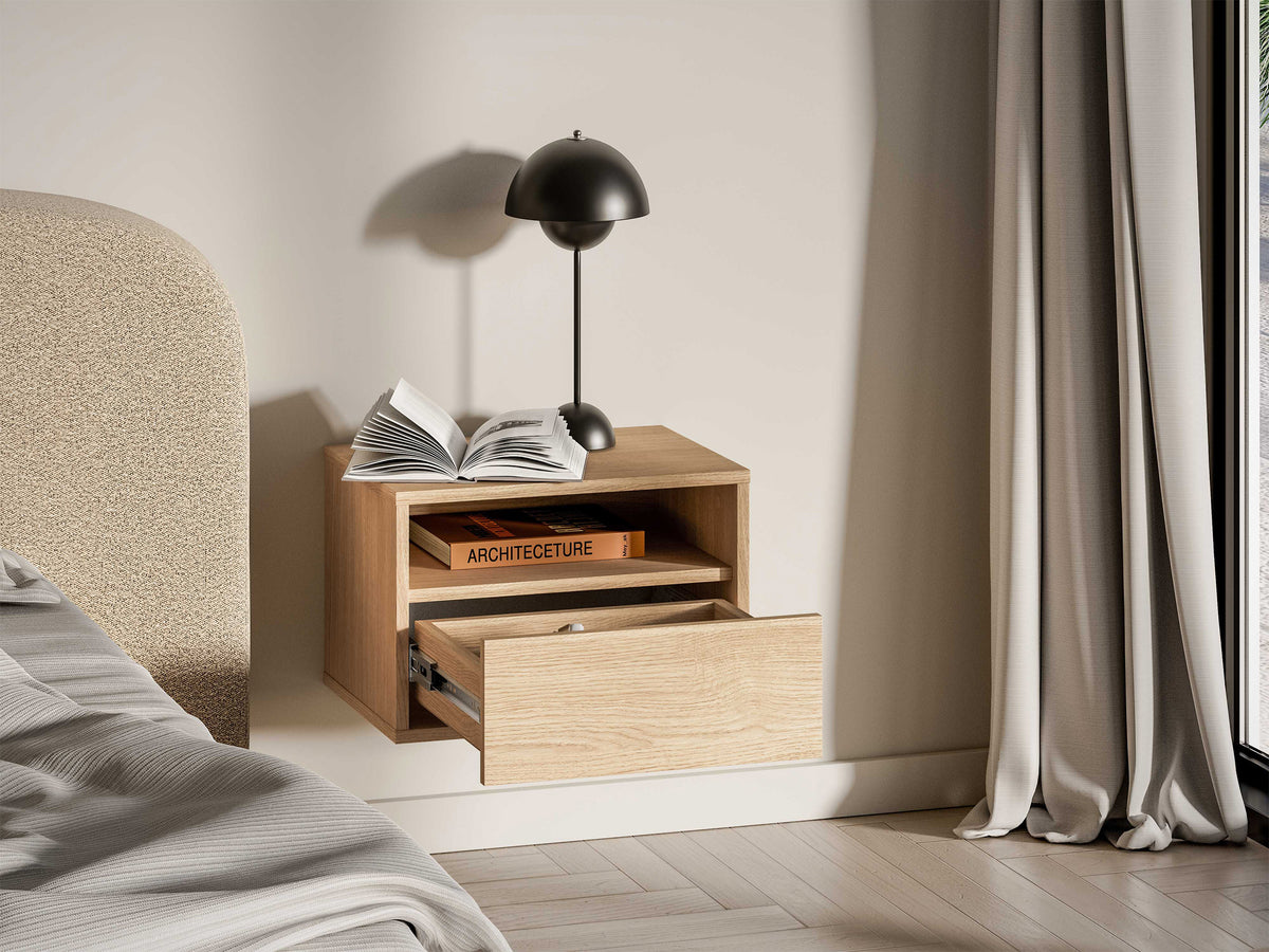 Table de chevet Heggers suspendue avec tiroir et niche 45 cm chêne mavelie