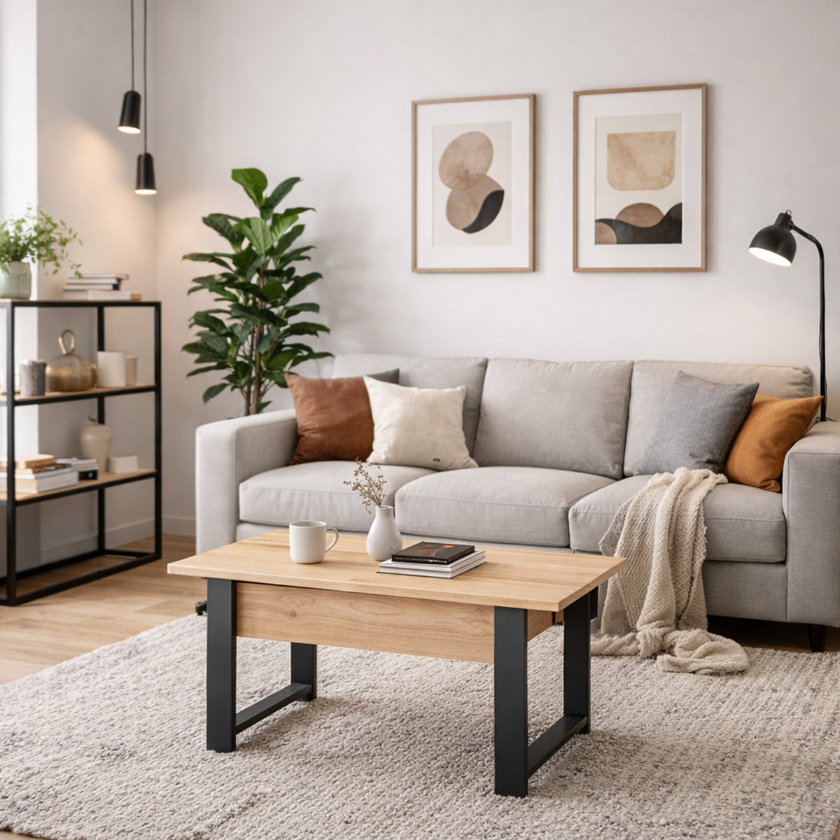 Table basse extensible Hugo 120(157)x67 cm chêne artisan avec pieds noirs