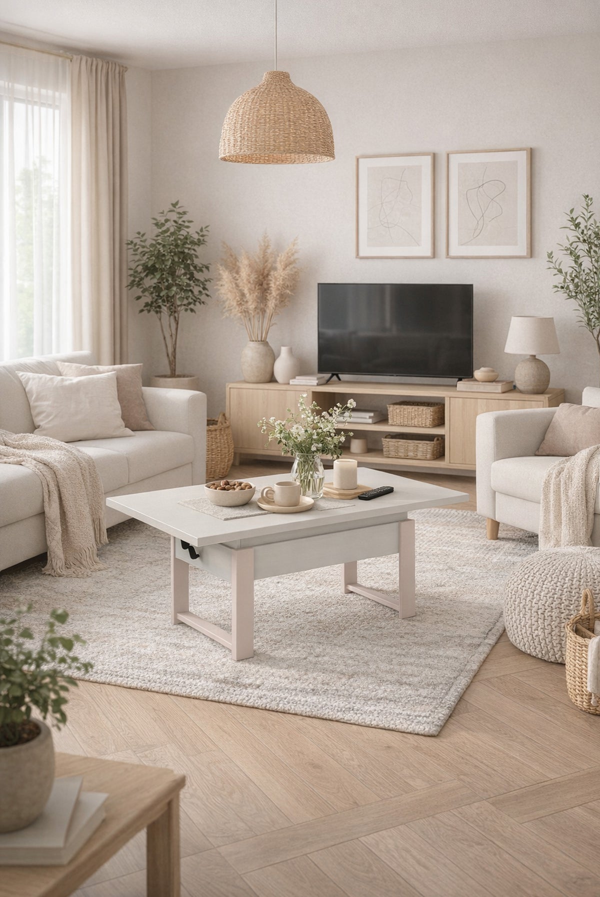 Table basse extensible Hugo 120(157)x67 cm blanc alpin avec pieds en cachemire
