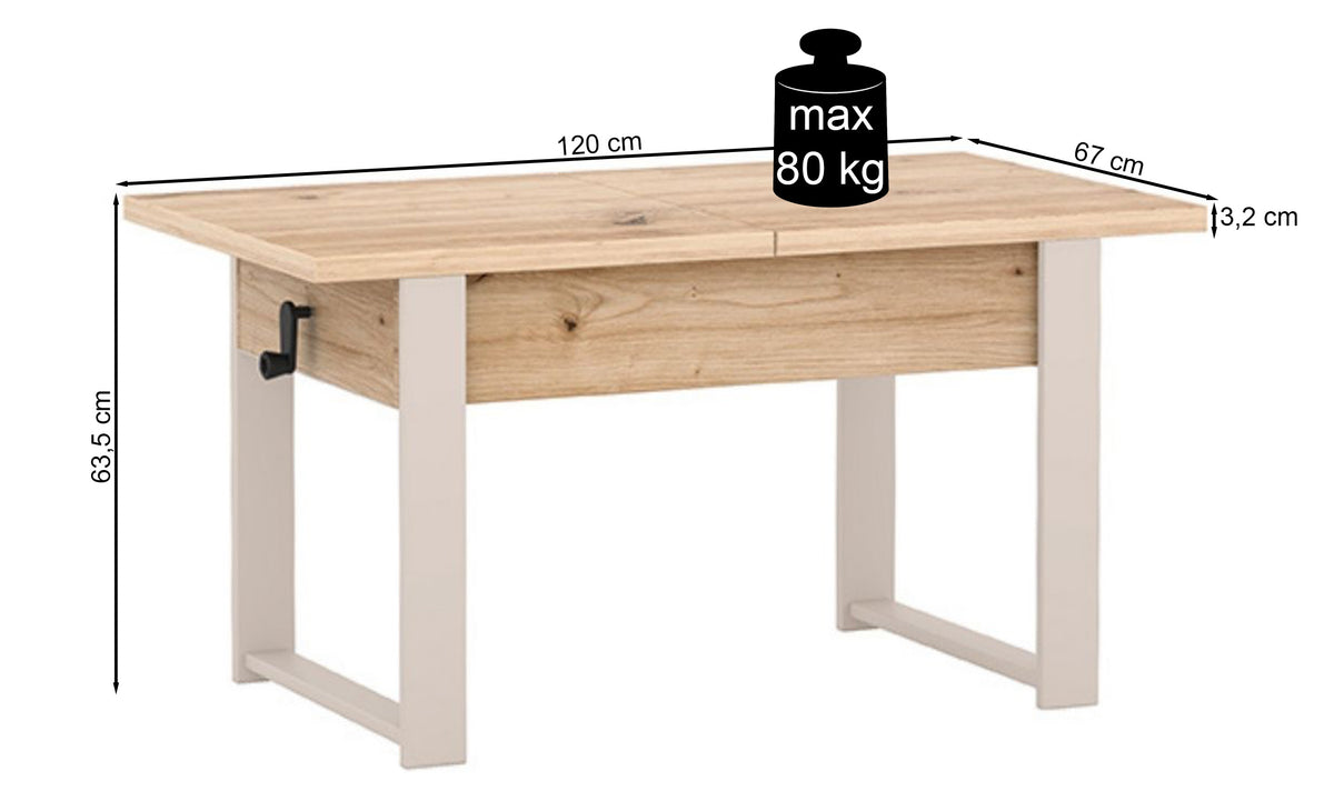 Ausziehbarer Couchtisch Hugo 120(157)x67 cm Kaschmir mit schwarzen Beinen