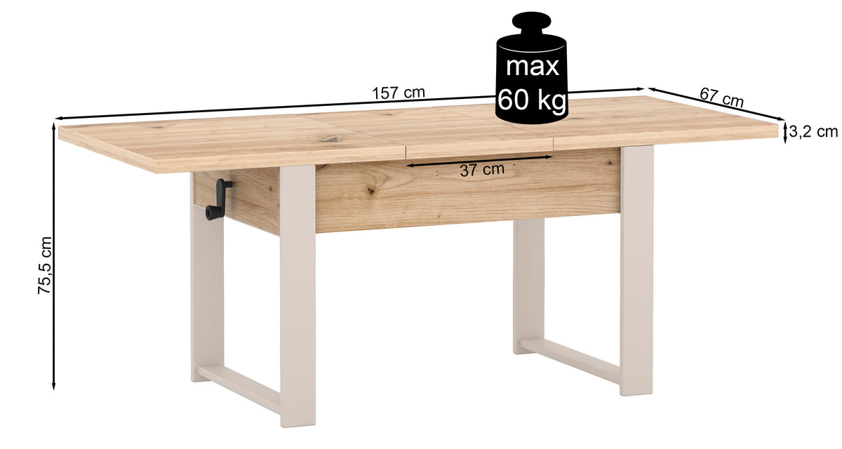 Ausziehbarer Couchtisch Hugo 120(157)x67 cm Kaschmir mit schwarzen Beinen