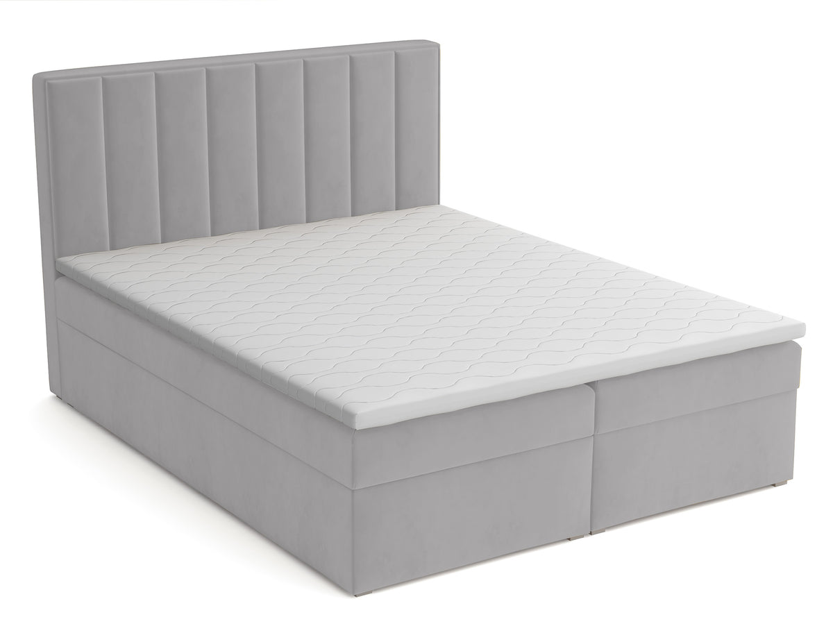 Kontinentales Bett 180x200 cm Rinus mit Stauraum und Topper, hellgrauer Samt