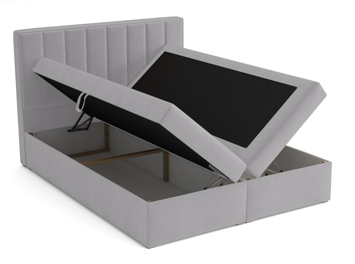Kontinentales Bett 180x200 cm Rinus mit Stauraum und Topper, hellgrauer Samt
