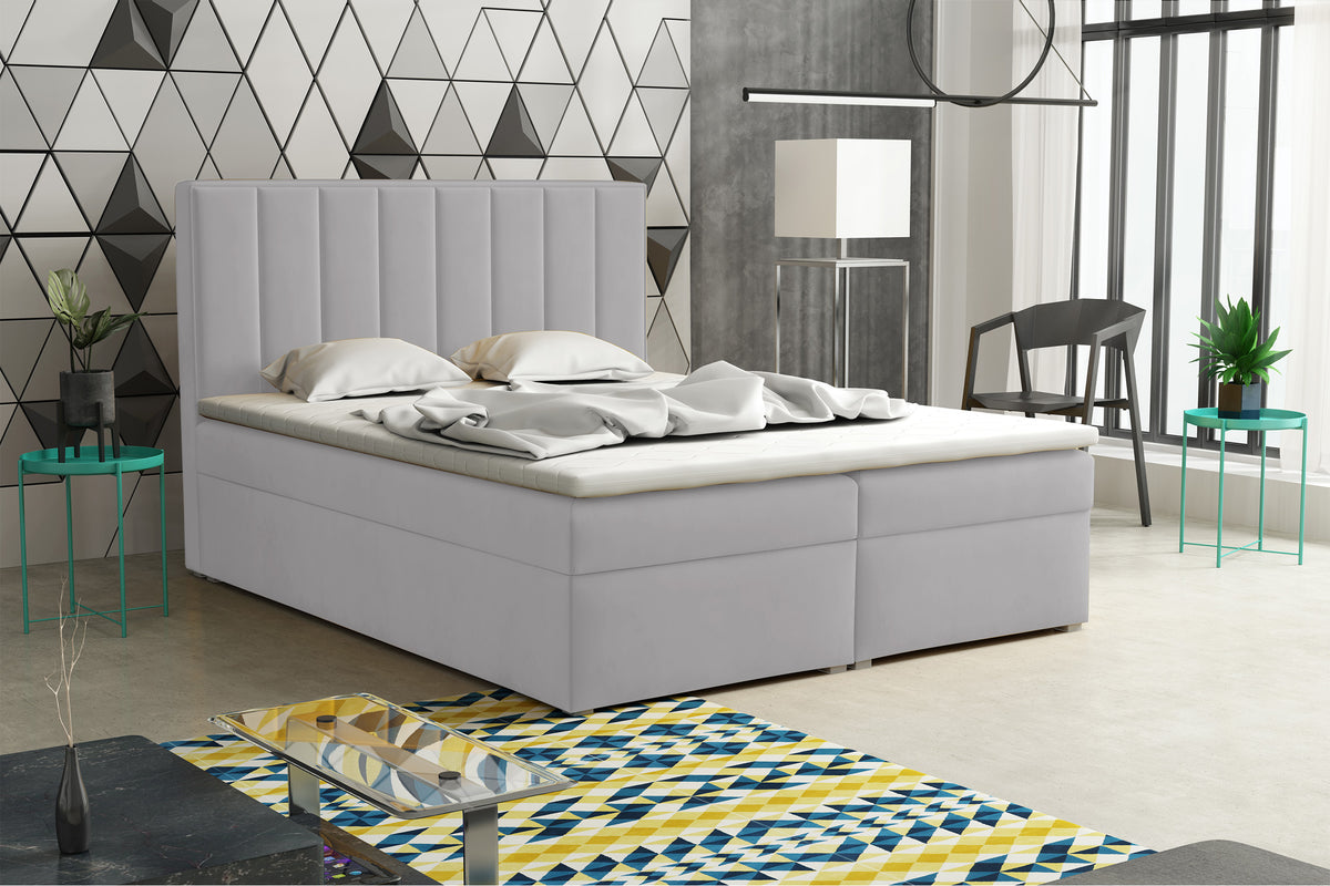 Kontinentales Bett 180x200 cm Rinus mit Stauraum und Topper, hellgrauer Samt