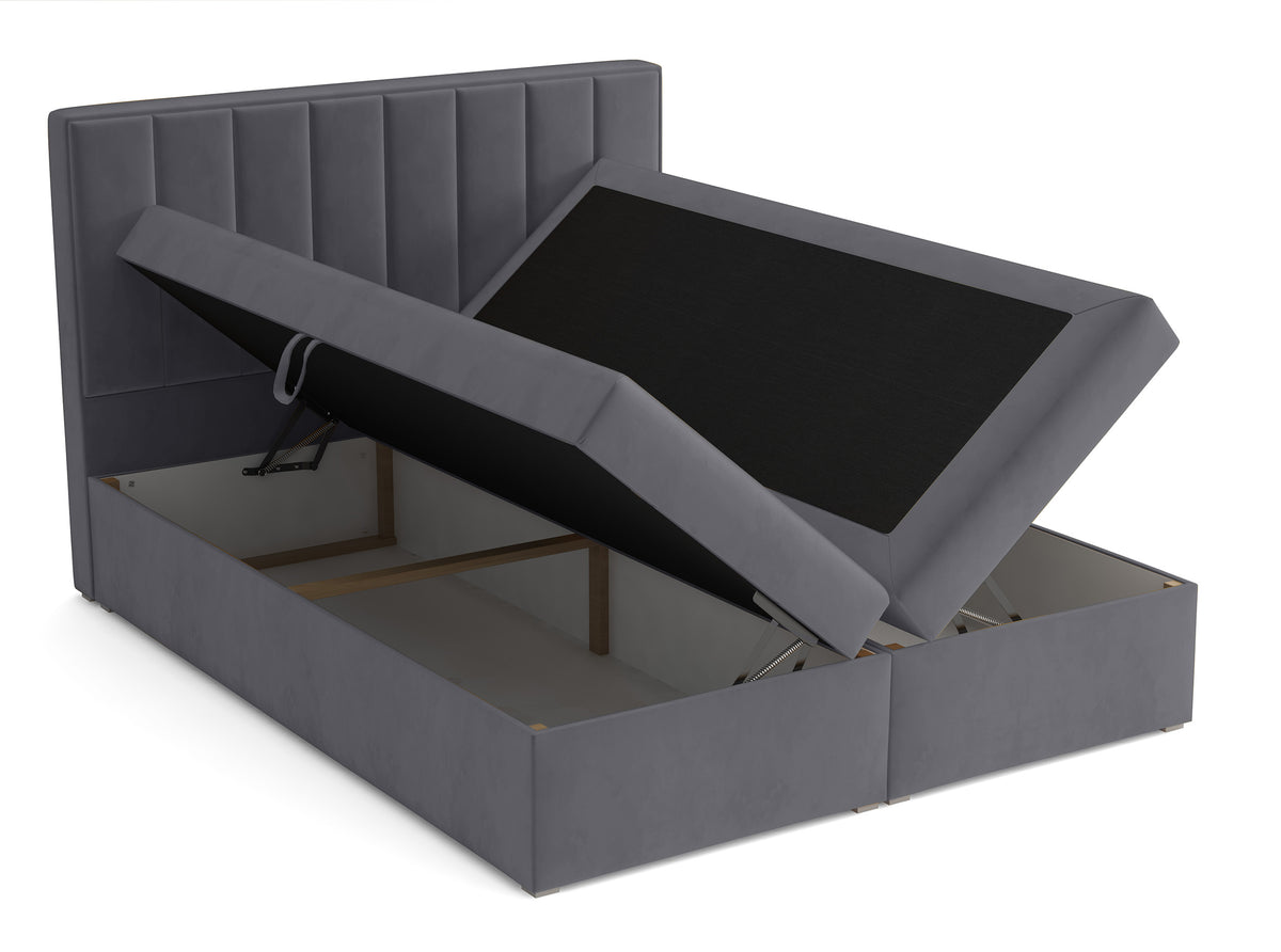 Lit continental 160x200 cm Rinus avec rangements et surmatelas en velours gris foncé
