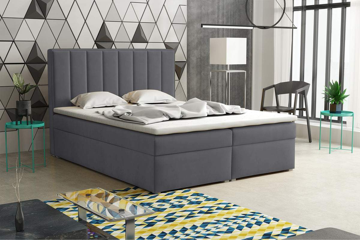 Lit continental 160x200 cm Rinus avec rangements et surmatelas en velours gris foncé