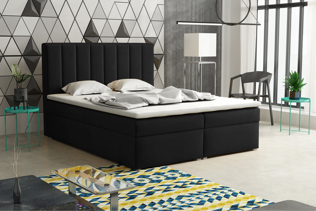Lit continental 180x200 cm Rinus avec rangements et surmatelas, velours noir