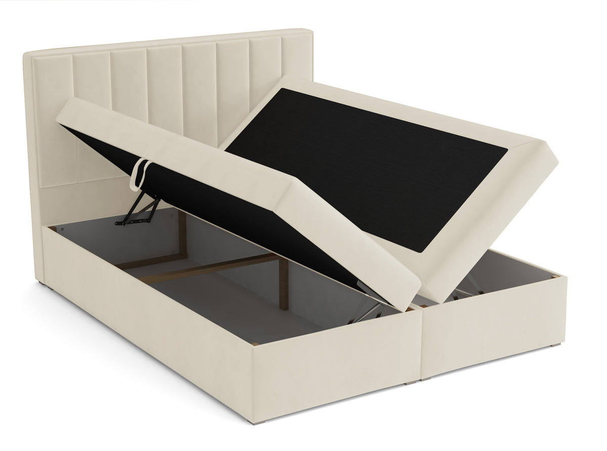 Lit continental 140x200 cm Rinus avec rangements et surmatelas en velours crème