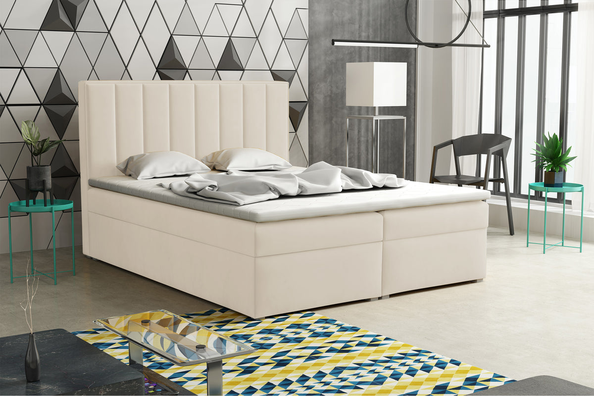 Lit continental 140x200 cm Rinus avec rangements et surmatelas en velours crème