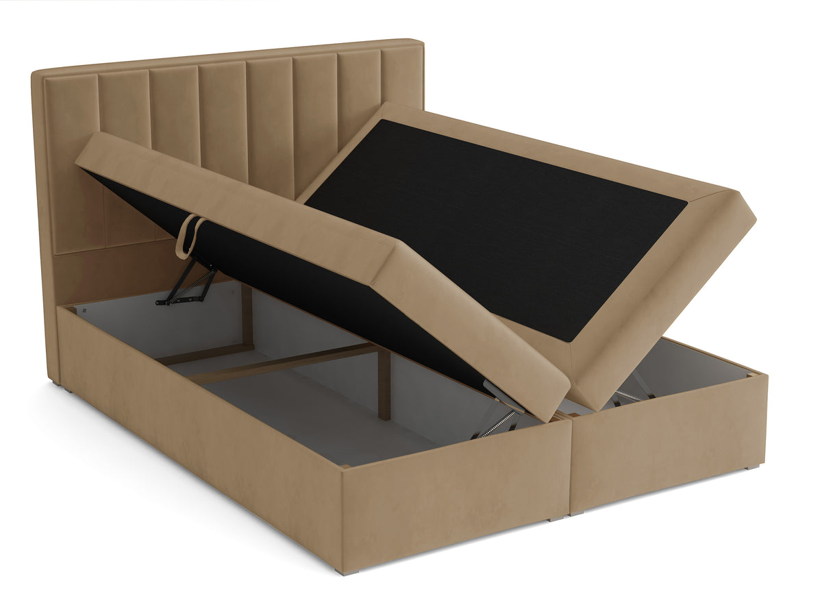 Lit continental 180x200 cm Rinus avec rangements et surmatelas en velours beige