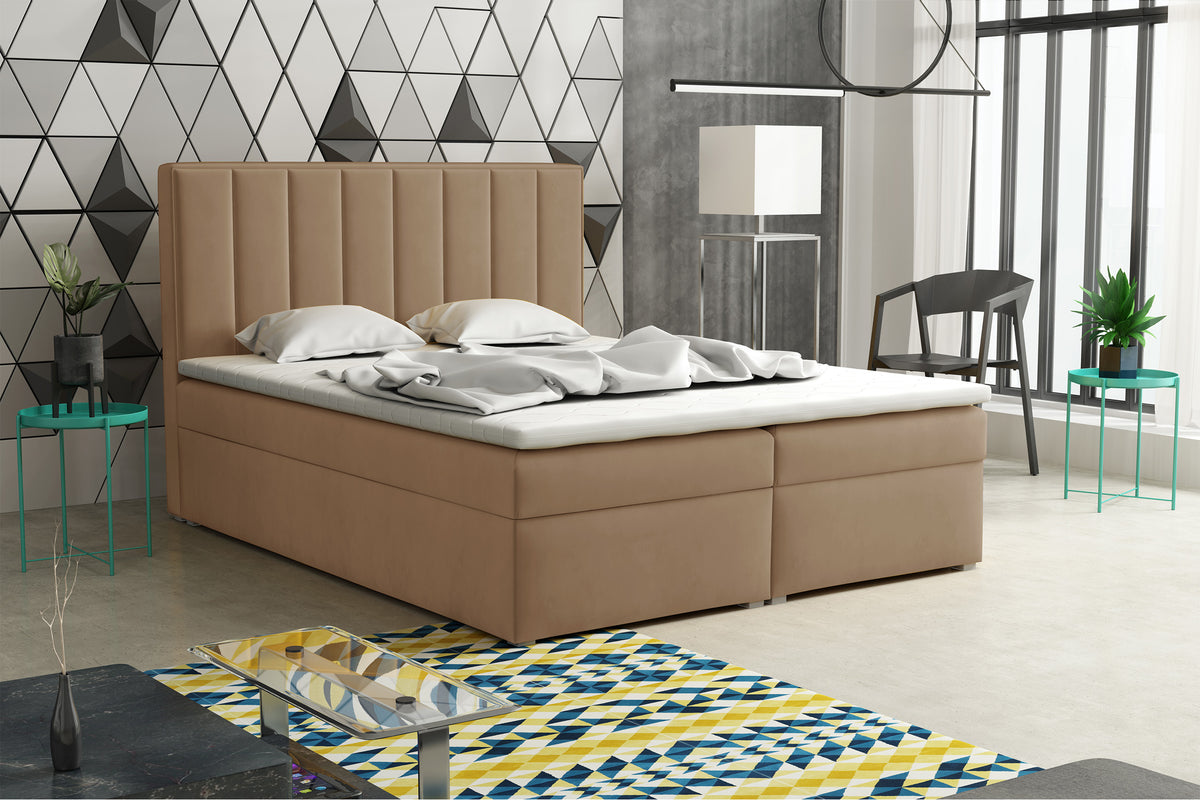 Lit continental 180x200 cm Rinus avec rangements et surmatelas en velours beige