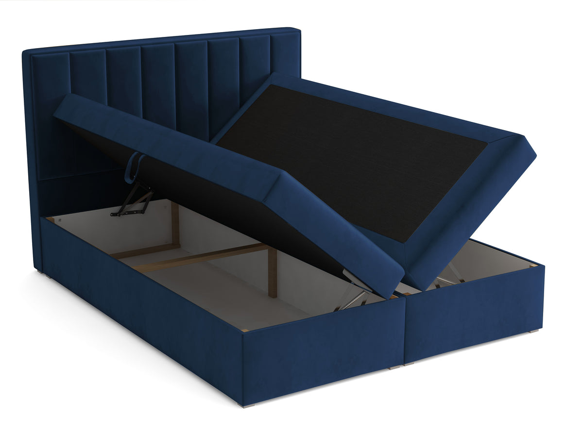 Lit continental 180x200 cm Rinus avec rangements et surmatelas en velours bleu marine
