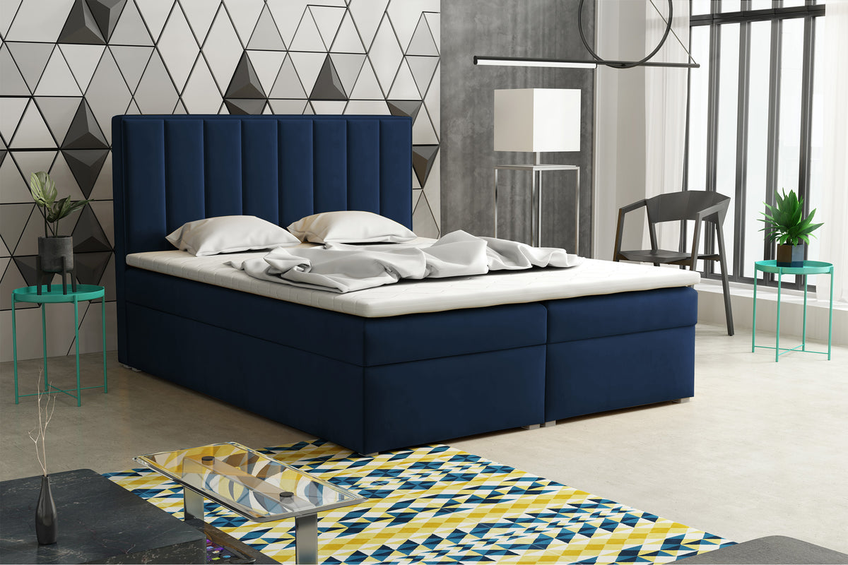 Lit continental 180x200 cm Rinus avec rangements et surmatelas en velours bleu marine