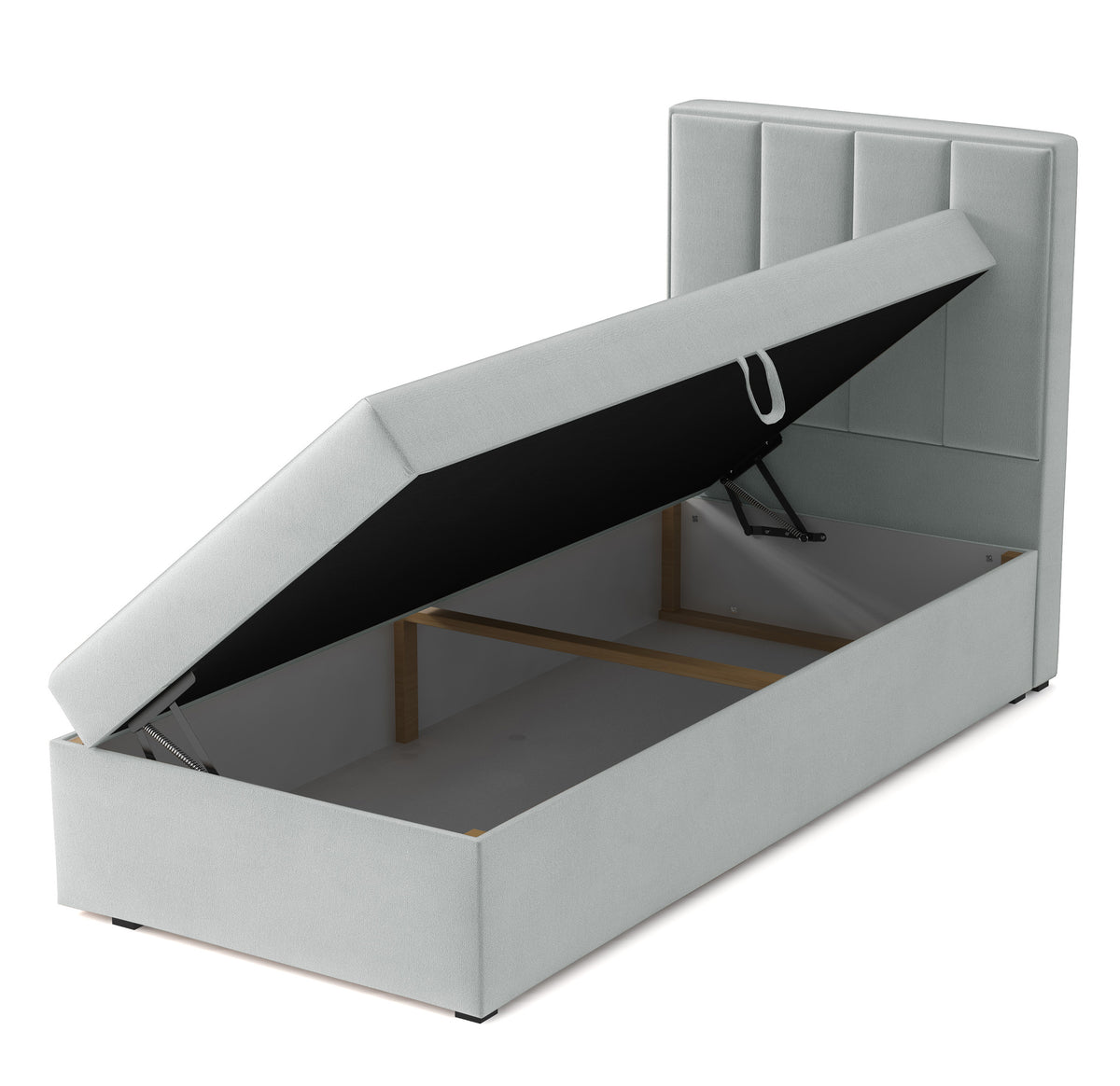 Lit continental 90x200 cm Rinus avec rangement, velours hydrofuge gris clair, côté gauche