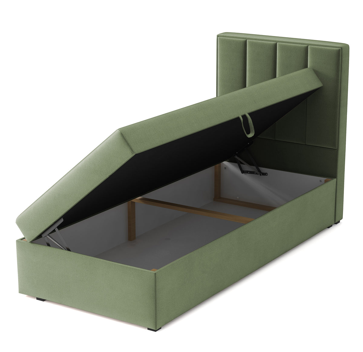 Lit continental 90x200 cm Rinus avec rangement, velours hydrofuge sauge, ouverture à gauche