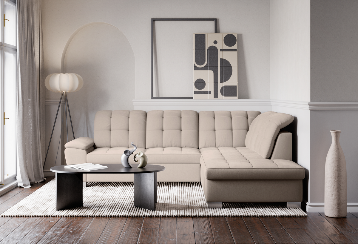 Canapé d'angle droit Jamaal avec fonction couchage et coffre de rangement, tissage beige