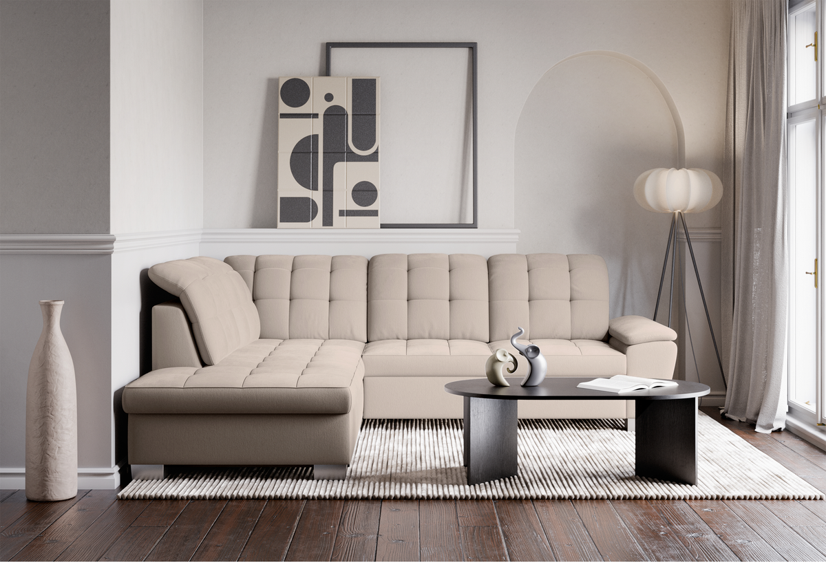Canapé d'angle gauche avec fonction couchage Jamaal L, rangement, tissage beige
